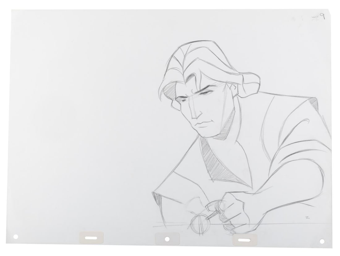 A "Pocahontas" John Smith Production Drawing.: (Disney, 1995) An original production drawing of John Smith from "Pocahontas." Accomplished in graphite with a character image size of 10" x 9.25" on 17" x 12.5" animation paper, the drawing is in