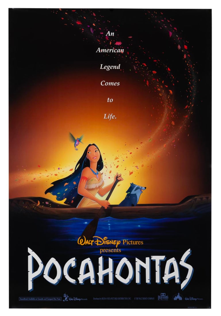 A "Pocahontas" One-Sheet.: (Disney, 1995) A one-sheet for the original theatrical release of "Pocahontas." Measuring 27" x 40" the poster is in very good condition with light edge wear and creasing.