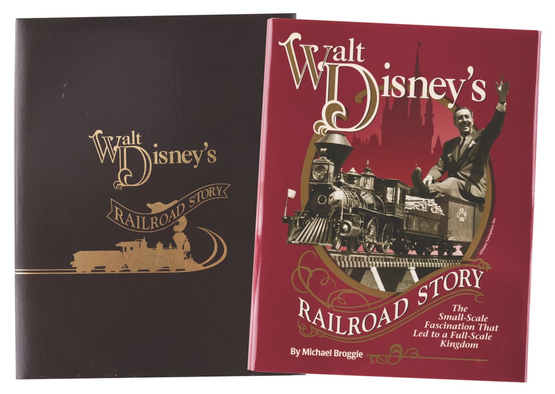 A Signed Walt Disney's Railroad Story 1st Edition Book and Case.: (Pentrex, 1997) A signed first edition hardcover of Walt Disney's Railroad Story by Michael Broggie, complete with its original case. This book provides an incredible account of how Walt's love for