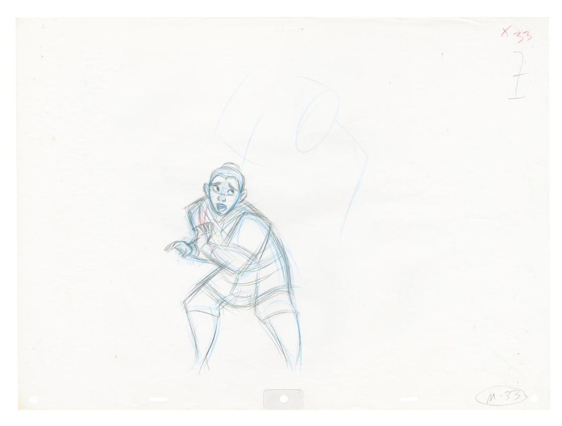 A "Mulan" Ping Production Drawing.: (Disney, 1998) An original production drawing from "Mulan" of the heroine disguised as "Ping." The graphite and color pencil drawing on 12.5 " x 17" animation paper has a character image measuring 6.5