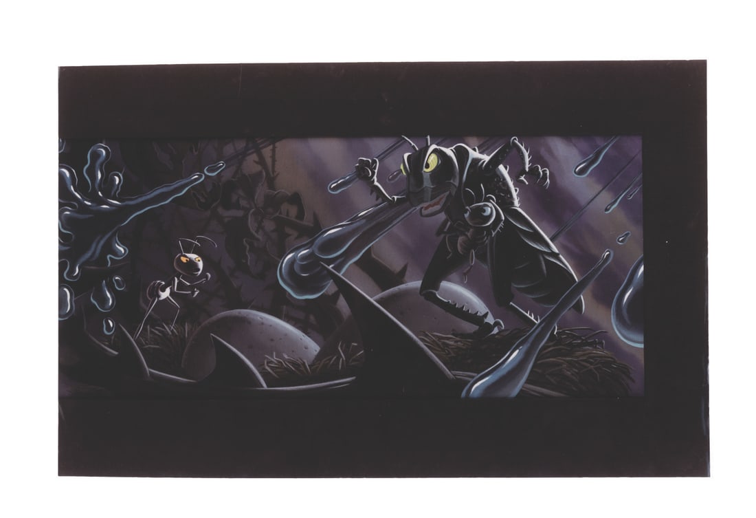"A Bug's Life" Studio-Used Concept Photograph.: (Disney, 1990s) An original print of digital concept art from Pixar's "A Bug's Life." Featured are Flik, Dot, and the villainous Hopper in an epic fight during a rainstorm. This concept was created at