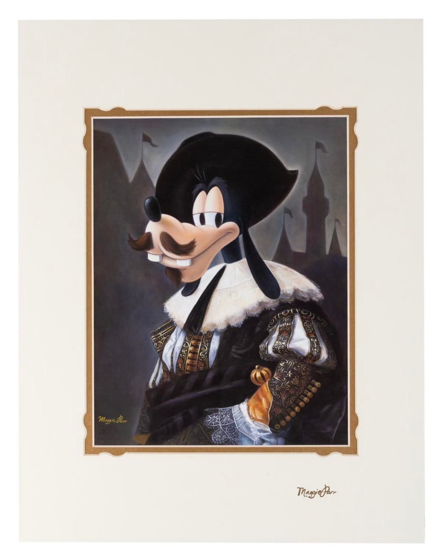 A "Goofy Cavalier" Print by Maggie Parr.: (Disney, 2000s) A print titled "Goofy Cavalier" by Disney artist Maggie Parr, who signed the matte at the bottom right corner. With an image size of 8.75" x 11.25" in a 14" x 18" matte, the print is
