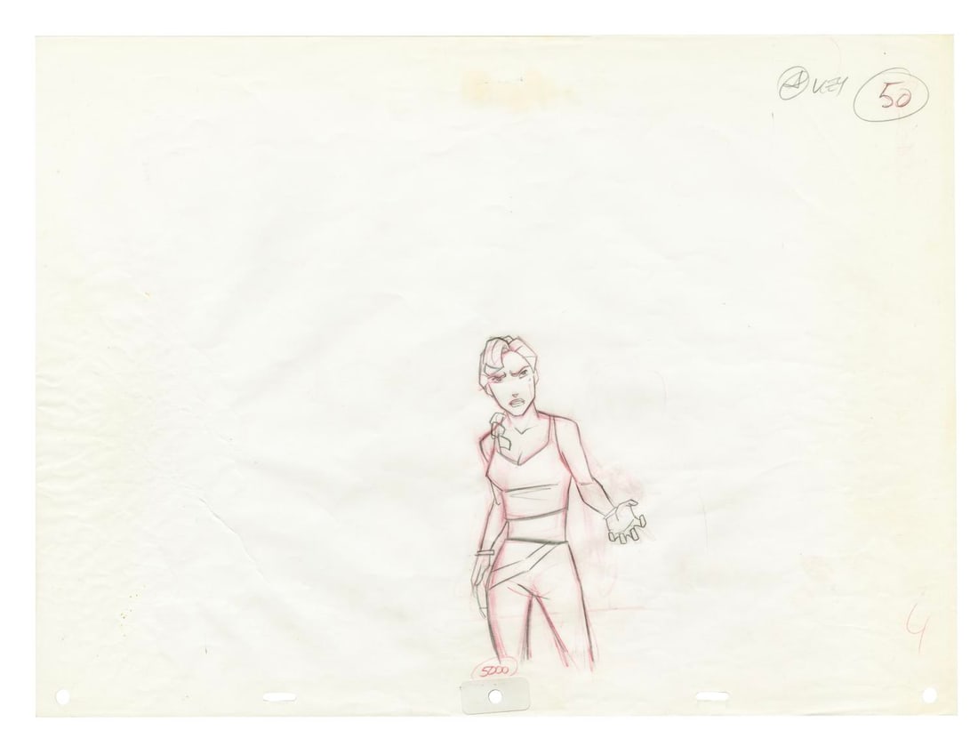 An "Atlantis: The Lost Empire" Helga Production Drawing.: (Disney, 2001) An original production drawing of Helga from "Atlantis: The Lost Empire." Helga has an image size of 6" x 3.25" on 12.5" x 17" animation paper. The graphite and color pencil drawing is 