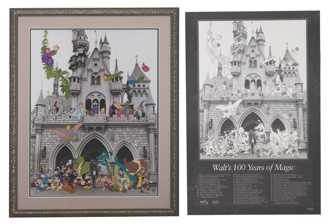A Large "Walt's 100 Years Of Magic" Sericel.: (Disney, 2001) A large "Walt's 100 Years of Magic" sericel of the iconic photo of Walt walking through Sleeping Beauty Castle surrounded by animated characters from the films he personally produced. T