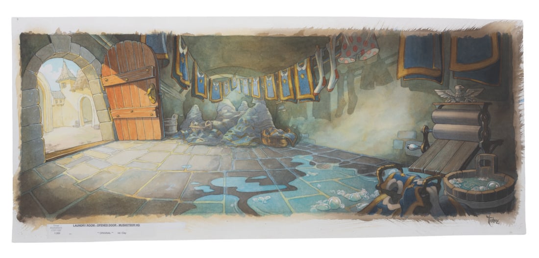 A Toby Bluth "The Three Musketeers" Background Study.: (Disney, 2004) An original background study from "The Three Musketeers" animated feature starring Mickey Mouse, Donald Duck, and Goofy. This hand-painted watercolor painting of the Musketeers'