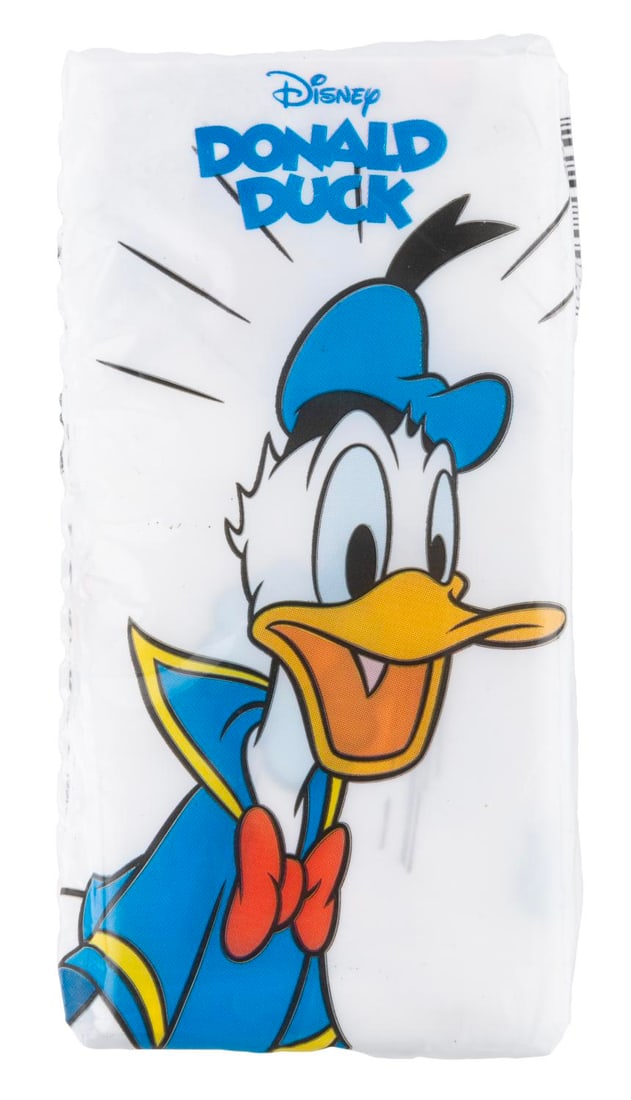 A Pack of Donald Duck Travel Tissues.: (Disney, 2010s) A pack of Donald Duck travel tissues. The tissues are in fine unopened condition, with a small tear in the tab on the angry Donald side.