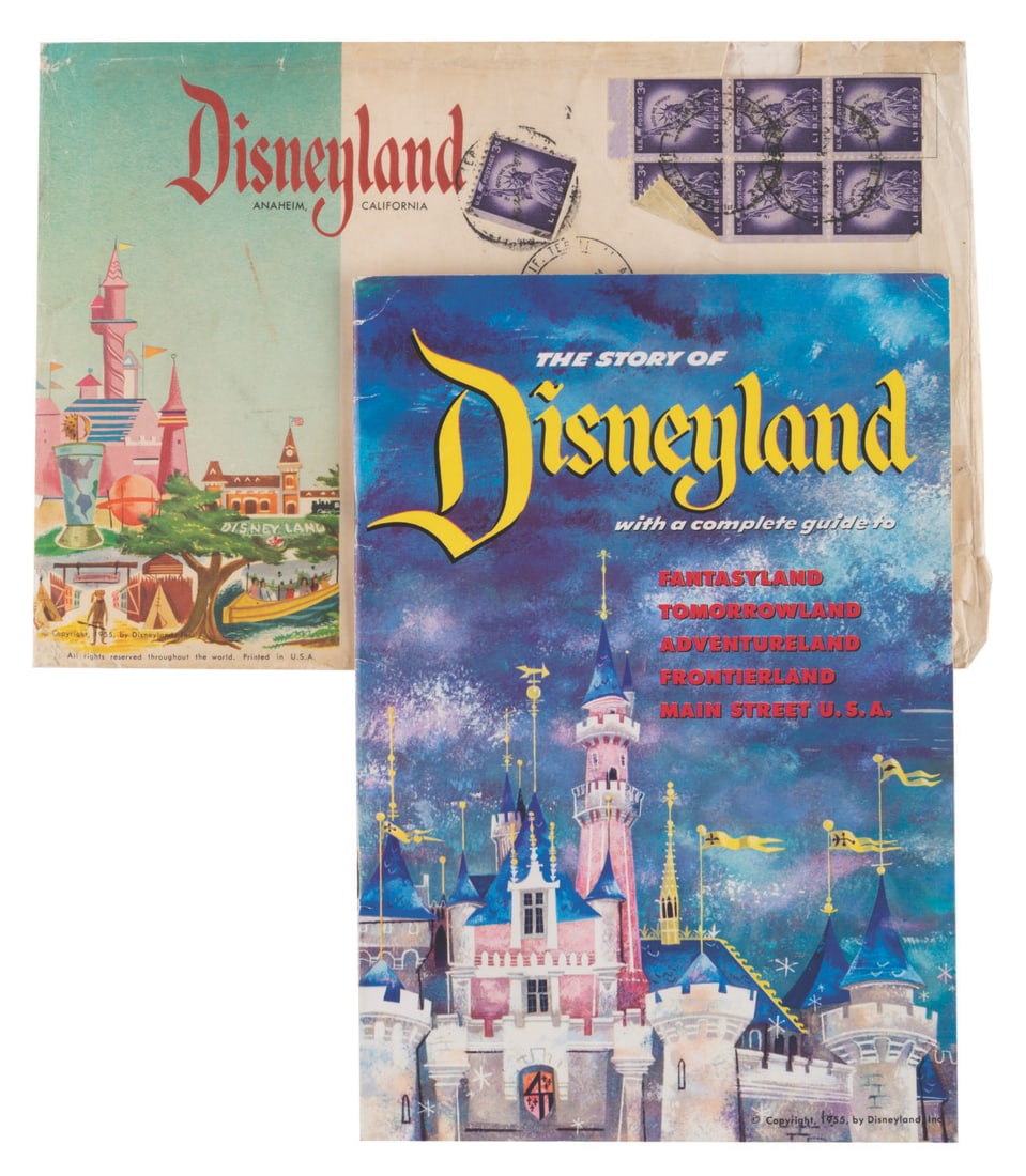A 1955 The Story of Disneyland Guidebook with Envelope.: (Disneyland, 1955) An opening-year The Story of Disneyland souvenir guidebook with a complete overview of the Park's original lands. The guidebook features a Welcome by Walt, maps, and a special page