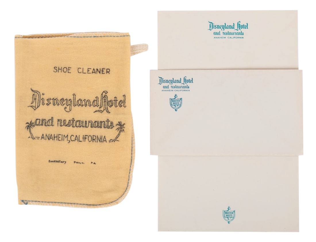 Disneyland Hotel Stationery & Shoe Cleaner.: (Disneyland Hotel, 1955-60s) A sheet of stationery, envelope, and shoe cleaner from the Disneyland Hotel and Restaurants. The cloth shoe cleaner measures 5" x 7.5", and the envelope and stationary