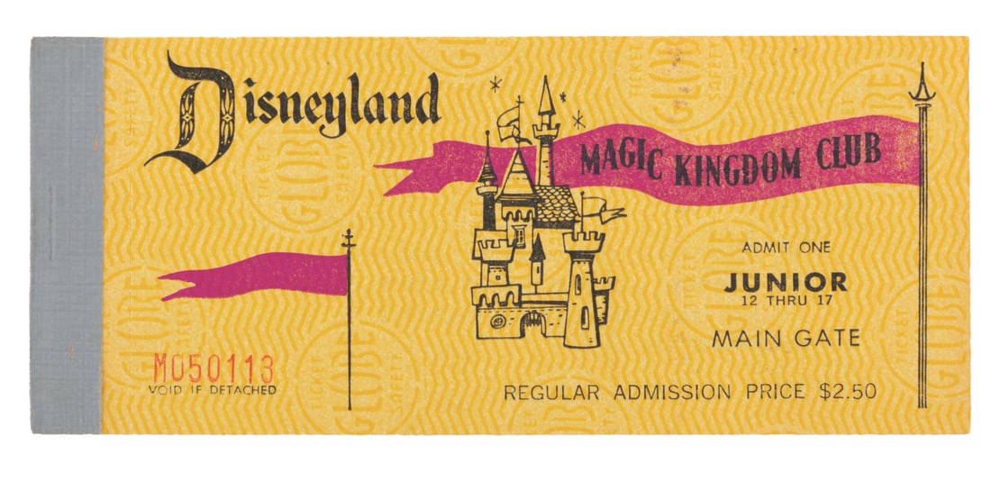 A Disneyland Magic Kingdom Club Junior Ticket Book.: (Disneyland, 1970s) A complete Magic Kingdom Club Junior ticket book. Included are the Main Gate ticket, Welcome tab, Great Moments with Mr. Lincoln ticket, and 10 tickets good for any "A" thru "E"