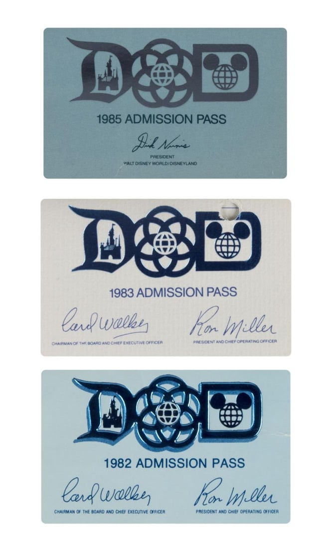 Three Disney Employee Parks Admission Passes.: (Disneyland/Walt Disney World, 1982-85) Three Disney Parks admission passes given to employees of Walt Disney Productions. The passes are for the years 1982, 1983, and 1985 and allowed the employee