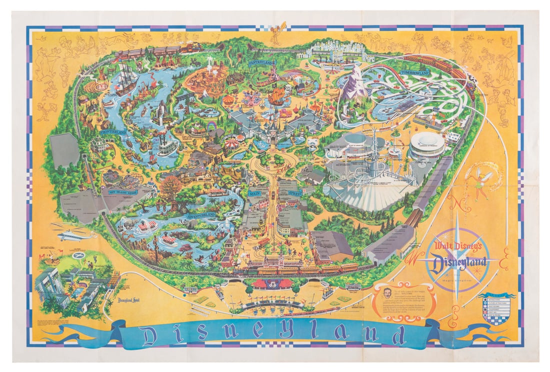 A 1966 Disneyland Souvenir Map.: (Disneyland, 1966) A large souvenir map of Disneyland from 1966, the first to feature the New Tomorrowland and World's Fair attractions, It's a Small World and Great Moments With Mr. Lincoln.