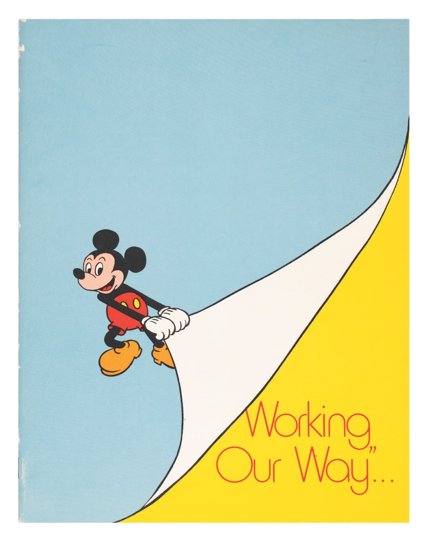 A Disneyland Cast Member Working Our Way Booklet.: (Disneyland, 1974) A Working Our Way orientation booklet given to Cast Members outlining the policies, practices, and procedures for working at the Park. Measuring 8.5" x 11" the booklet displays in