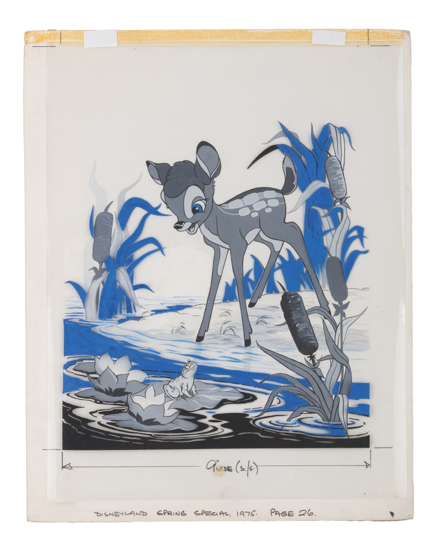 Disneyland Spring Special Original Bambi Art.: (Disneyland, 1975) An original painting of Bambi and a frog to illustrate the 1975 Disneyland Spring Special. Accomplished in gouache, the image measures 9" x 9.75" on 11" x 14.5" artist board, with