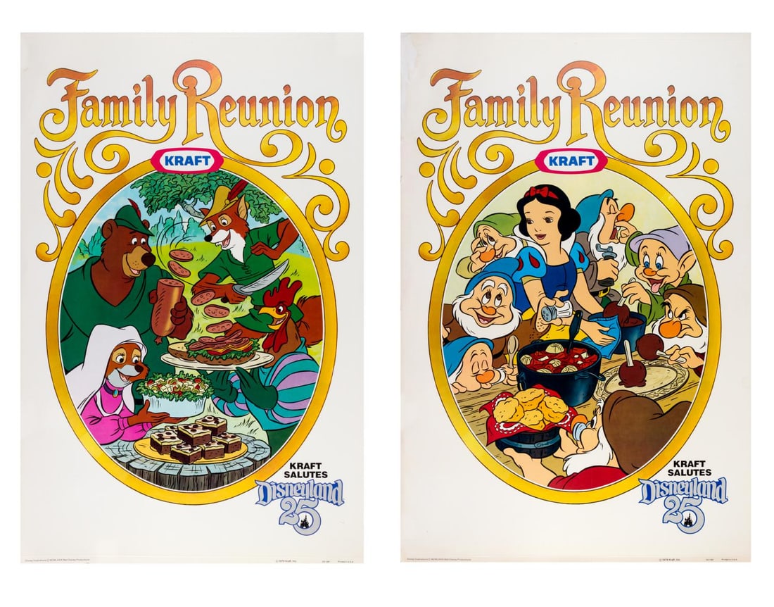 A Pair of Disneyland 25th Anniversary Kraft Posters.: (Disneyland, 1980) A pair of large posters created for Disneyland's 25th Anniversary. These posters by Kraft feature imagery from "Snow White and the Seven Dwarfs" and "Robin Hood" on the front, and