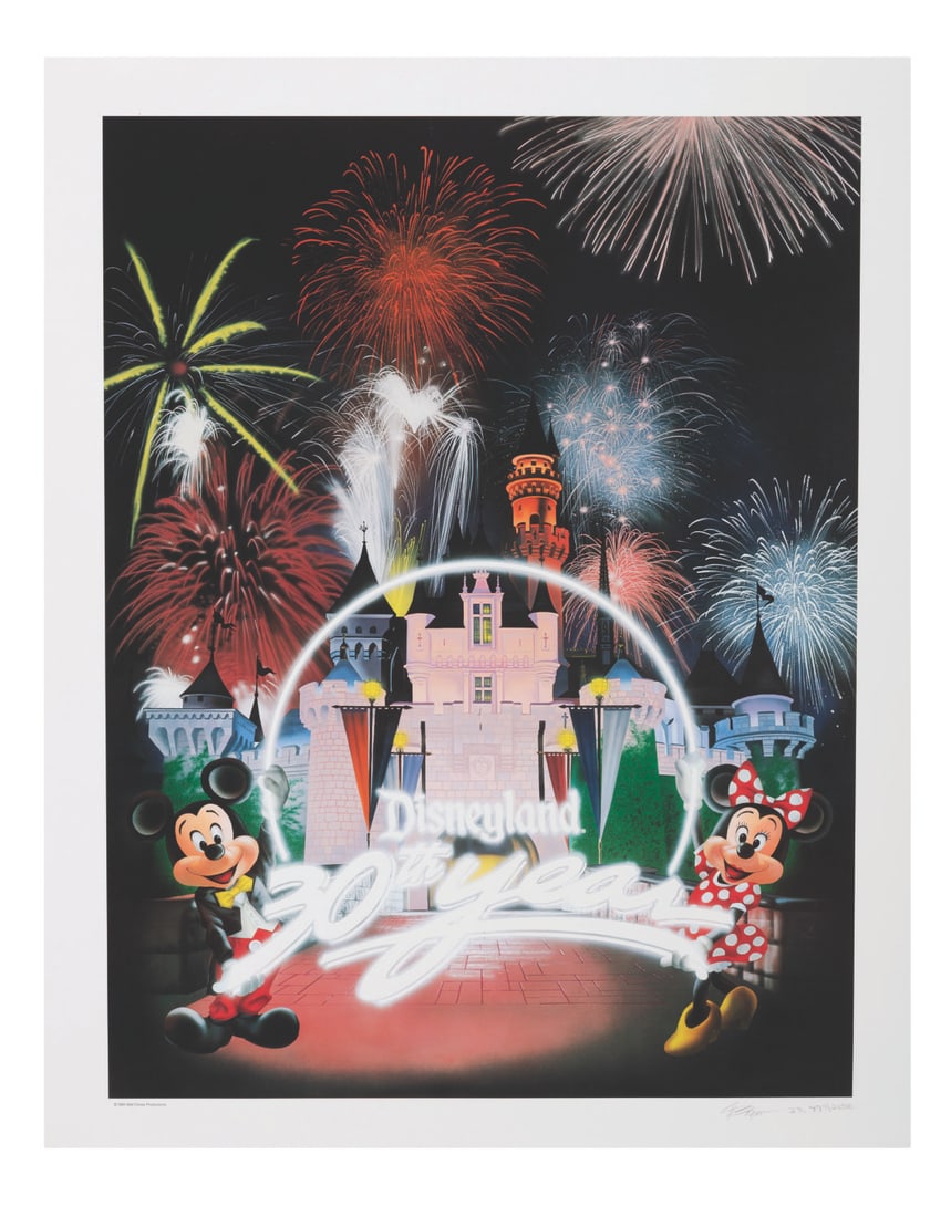 A Disneyland 30th Anniversary Charles Boyer Lithograph.: (Disneyland, 1985) A hand-signed Charles Boyer lithograph commemorating Disneyland's 30th anniversary. Numbered 23,779 of 24,500, the poster measures 23" x 29" and is in very good condition with