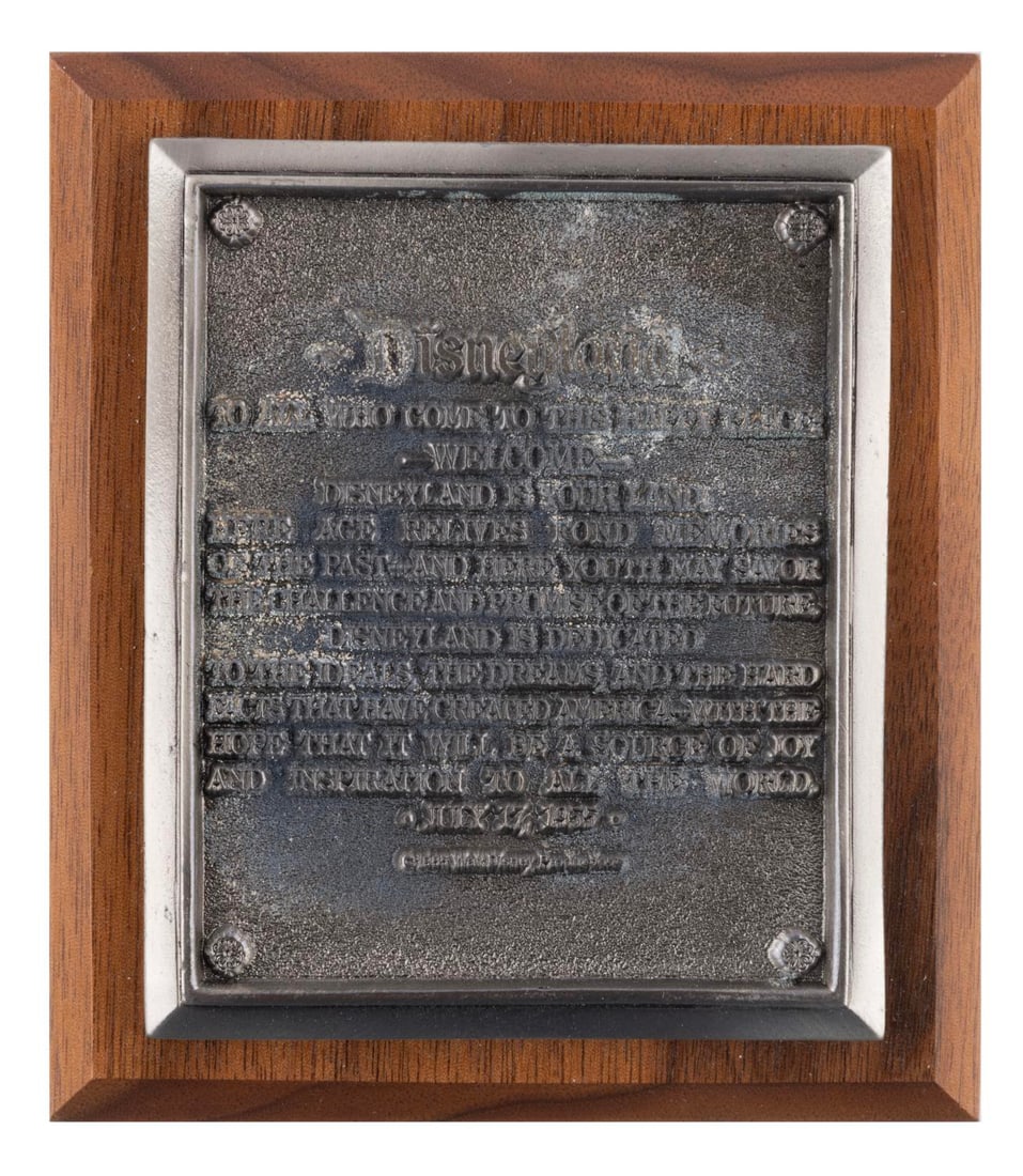 A Disneyland 30th Anniversary Dedication Plaque Replica.: (Disneyland, 1985) A miniature replica of the original Disneyland dedication plaque presented by Walt at the Park's Grand Opening ceremony on July 17, 1955. Released for Disneyland's 30th