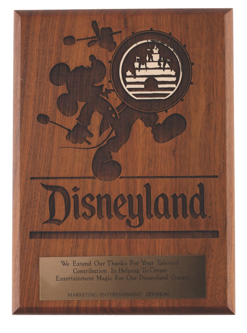 An Entertainment Division Laser Cut Thank You Plaque.: (Disneyland, 1986) A laser-cut wooden plaque thanking the Marketing/Entertainment Division of Disneyland for their contributions. Measuring 8" x 11", the plaque is in very good condition with light