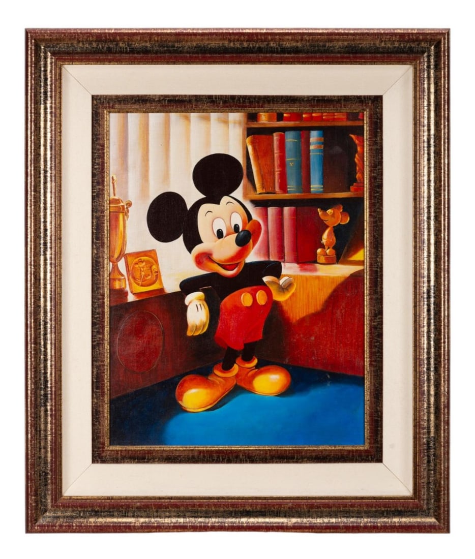 A Mickey Mouse Painting by John Denton of Disneyland.: (Disneyland, 1987) An amazing oversized hand-painted reproduction of John Hench's 25th birthday portrait of Mickey Mouse, recreated by John Denton. Denton worked as an artist and caricaturist at