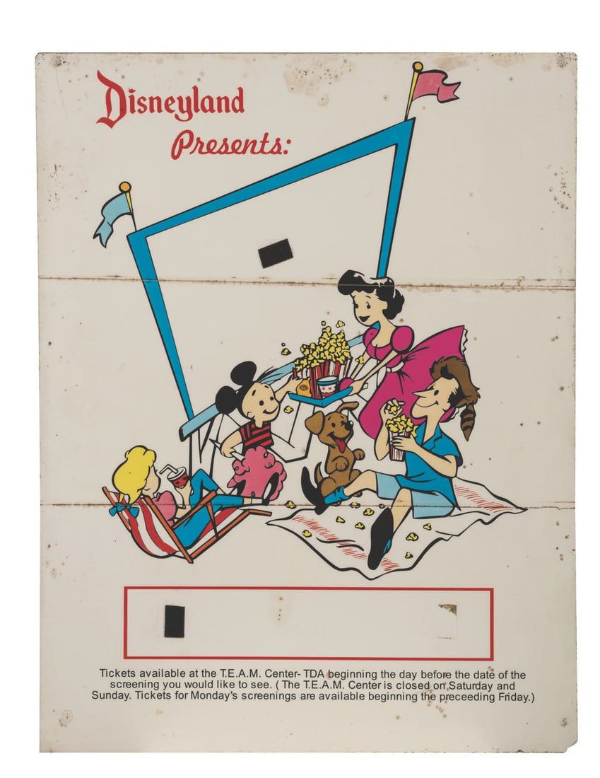 A Disneyland Cast Member Film Festival Backstage Sign.: (Disneyland, 1990s) A sign for the Disneyland Cast Member Film Festival. Film Festival events were presented for Disneyland Cast Members and their families, with tickets available through the