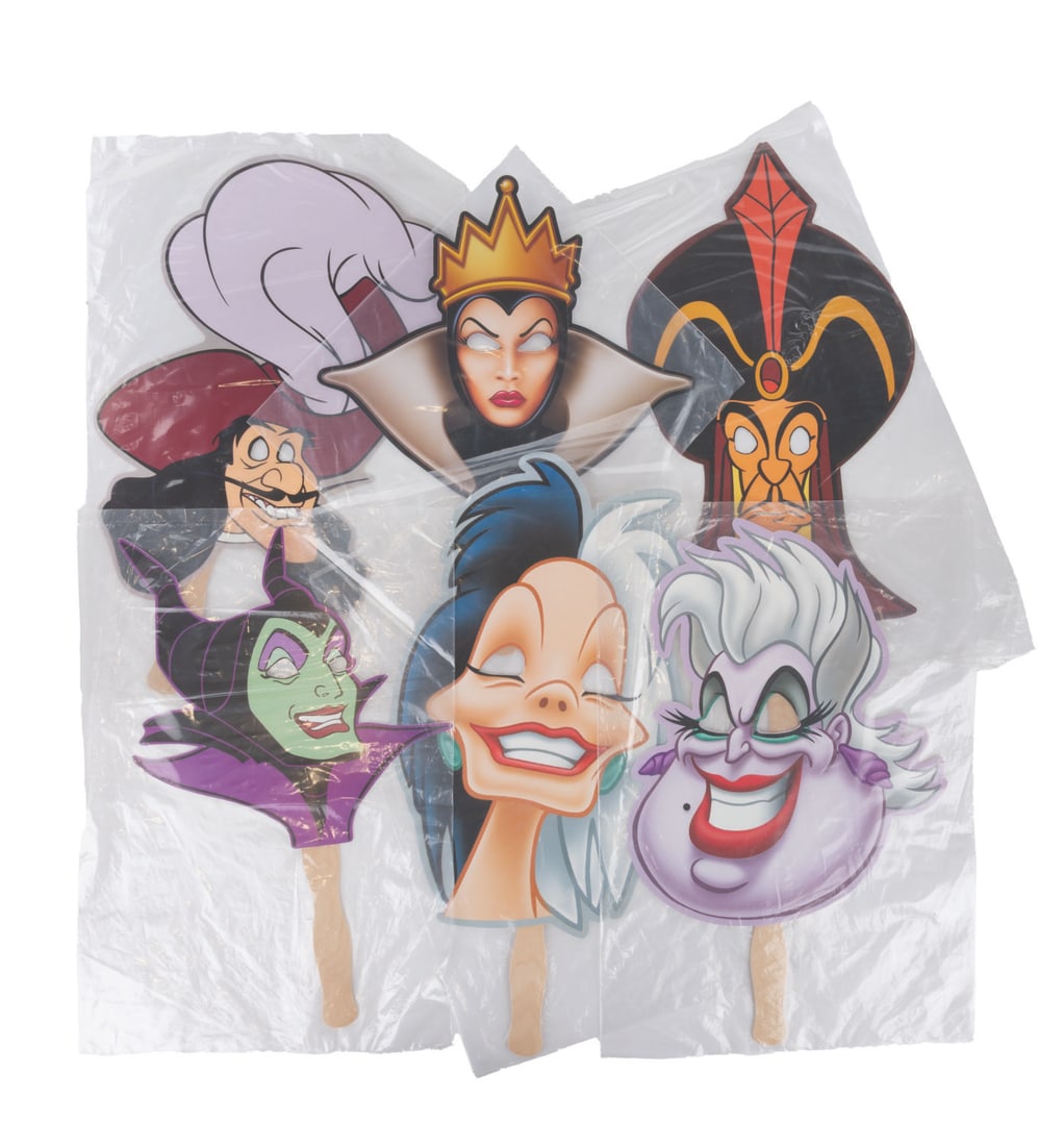 A Set of Villain Masquerade Masks from Halloween Time at Disneyland.: (Disneyland, 2010) A collection of six handheld masks from the Halloween Time at Disneyland events in 2010. Included are The Wicked Queen, Maleficent, Cruella De Vil, Jafar, Ursula, and Captain Hook.