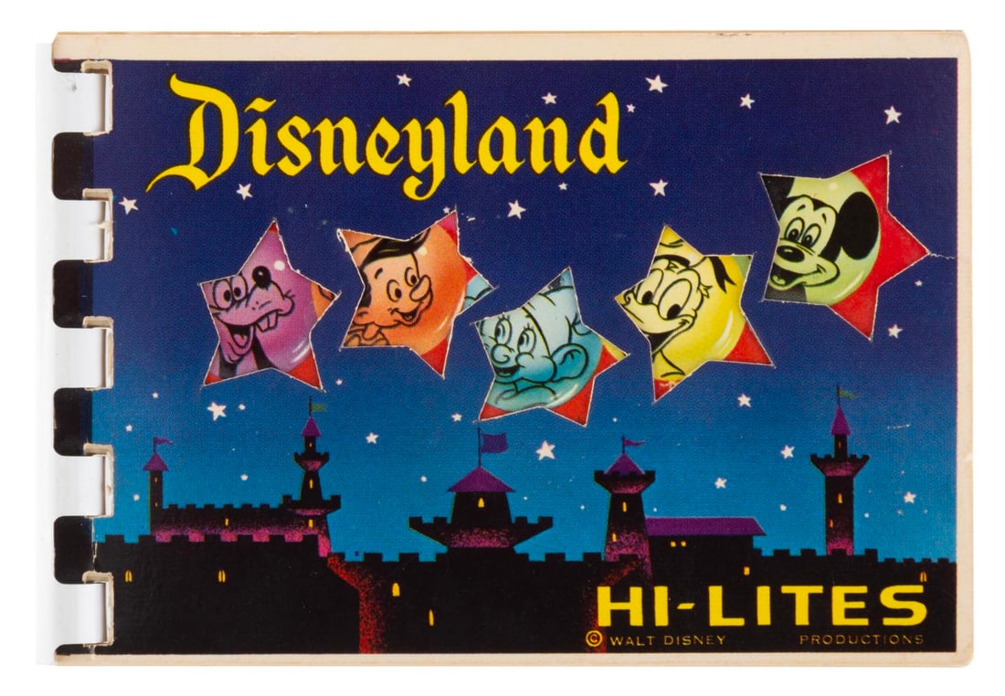 A Disneyland Hi-Lites Photo Album.: (Disneyland, 1960s) A Disneyland Hi-Lites souvenir photo album of 12 colorful images from around the Park. This version of the album features the Tomorrowland image with the Douglas sponsored Rocket