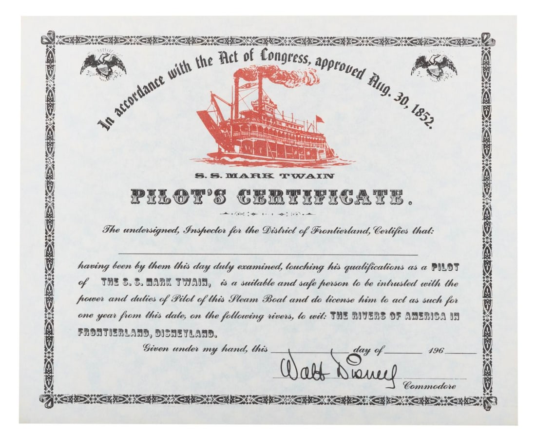 A Disneyland S.S. Mark Twain Pilot's Certificate.: (Disneyland, 1980s) A Mark Twain Pilot's Certificate assuring the bearer is "a suitable and safe person to be entrusted with the power and duties of Pilot of this Steamboat." This souvenir was given
