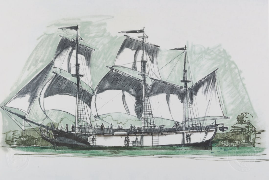 A Herb Ryman Columbia Sailing Ship Lithograph Print.: (Disneyland, 1998) A lithograph of Herb Ryman's "Columbia Sailing Ship" concept art available exclusively at the Disney Gallery for the attractions 40th anniversary. Numbered 18/150 the print
