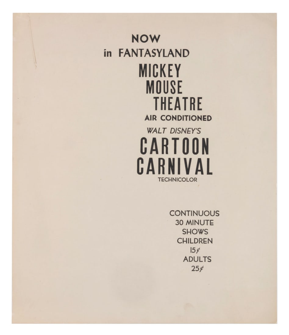 A Disneyland Mickey Mouse Theatre "Cartoon Carnival" Poster.: (Disneyland, 1955-60s) A poster advertising Walt Disney's "Cartoon Carnival" showing daily at the Mickey Mouse Theater in Fantasyland. Opened in 1955 and known by this name until the early 1960s, the