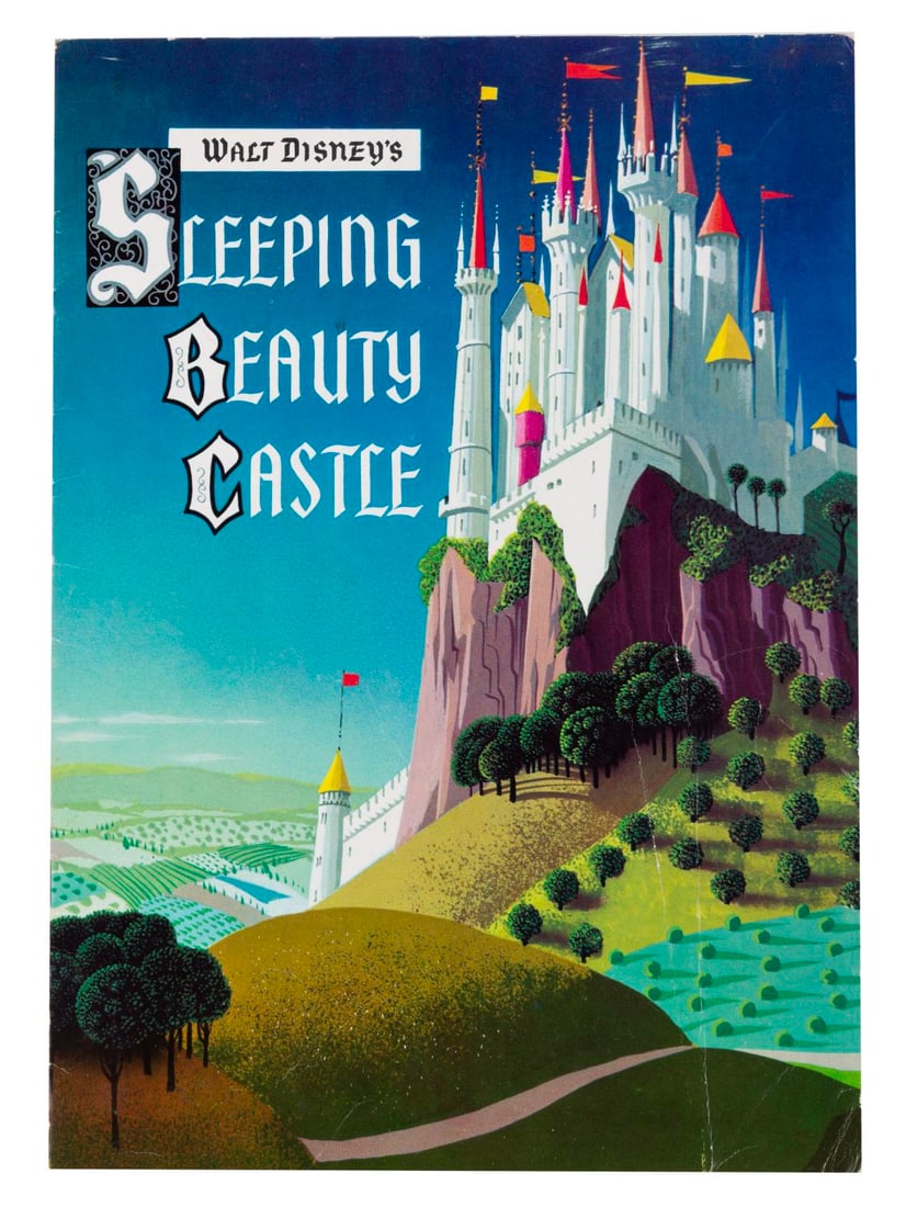 A 1957 Walt Disney's Sleeping Beauty Castle Souvenir Booklet.: (Disneyland, 1957) A rare Walt Disney's Sleeping Beauty Castle souvenir booklet featuring Eyvind Earle's concept art of the Walk-Thru dioramas. A center foldout features a large cel set-up from the