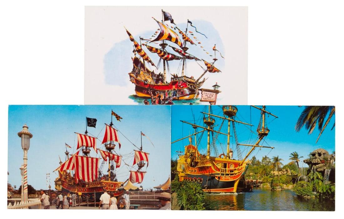 A Trio of Disneyland Chicken of the Sea Postcards.: (Disneyland, 1950s-60s) Three postcards featuring the Chicken of the Sea restaurant at Disneyland. Included are an early concept art card and two photo cards. The postcards are in very good condition,
