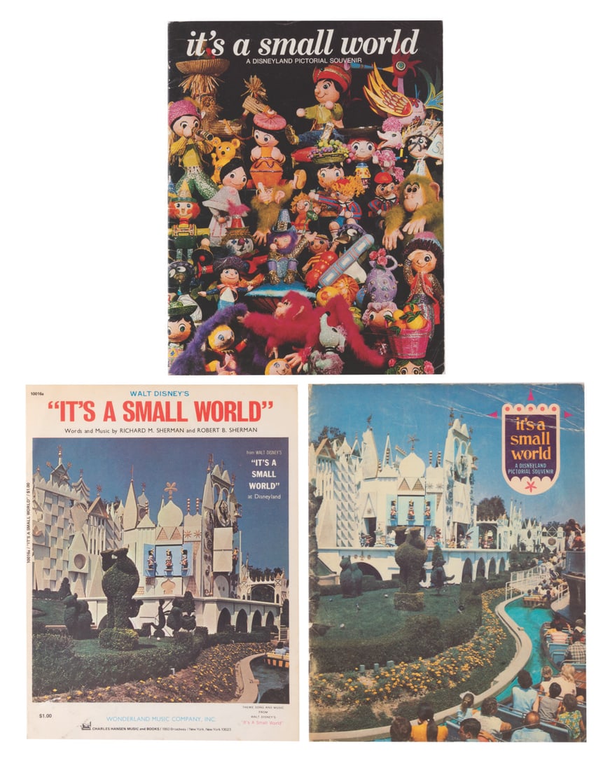 A Trio of It's a Small World Publications.: (Disneyland, 1960s) Three publications on Disneyland's It's a Small World attraction. Included are the 1964 and 1969 dated souvenir books with different covers, and the sheet music for the song. Each
