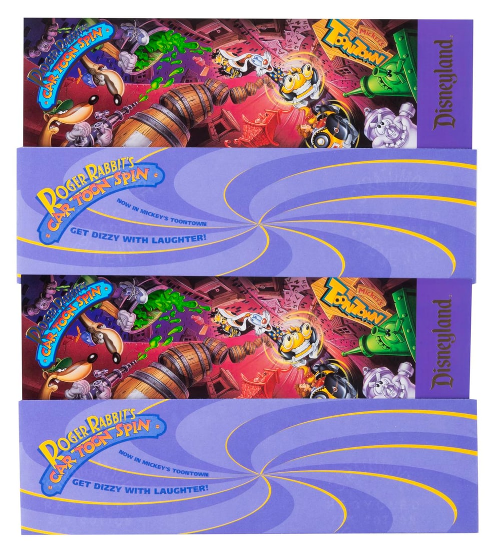 A Pair of Roger Rabbit's Car Toon Spin Premiere Invitations.: (Disneyland, 1994) A pair of world premiere invitations to Roger Rabbit's Car Toon Spin. The invitations, measuring 4" x 14", and envelopes measuring 4" x 14.25" are in very good condition, with price