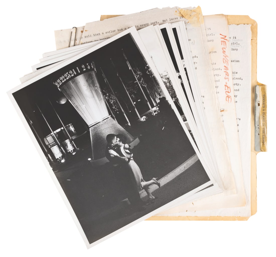The Kissing Marine Publicity Stunt of Tomorrowland.: (Disneyland, 1961) A rare collection of ten photos and three press releases from an event staged in Tomorrowland on New Year's Eve. Corporal Laurie A. McGaw of the Marines kissed a girl every time