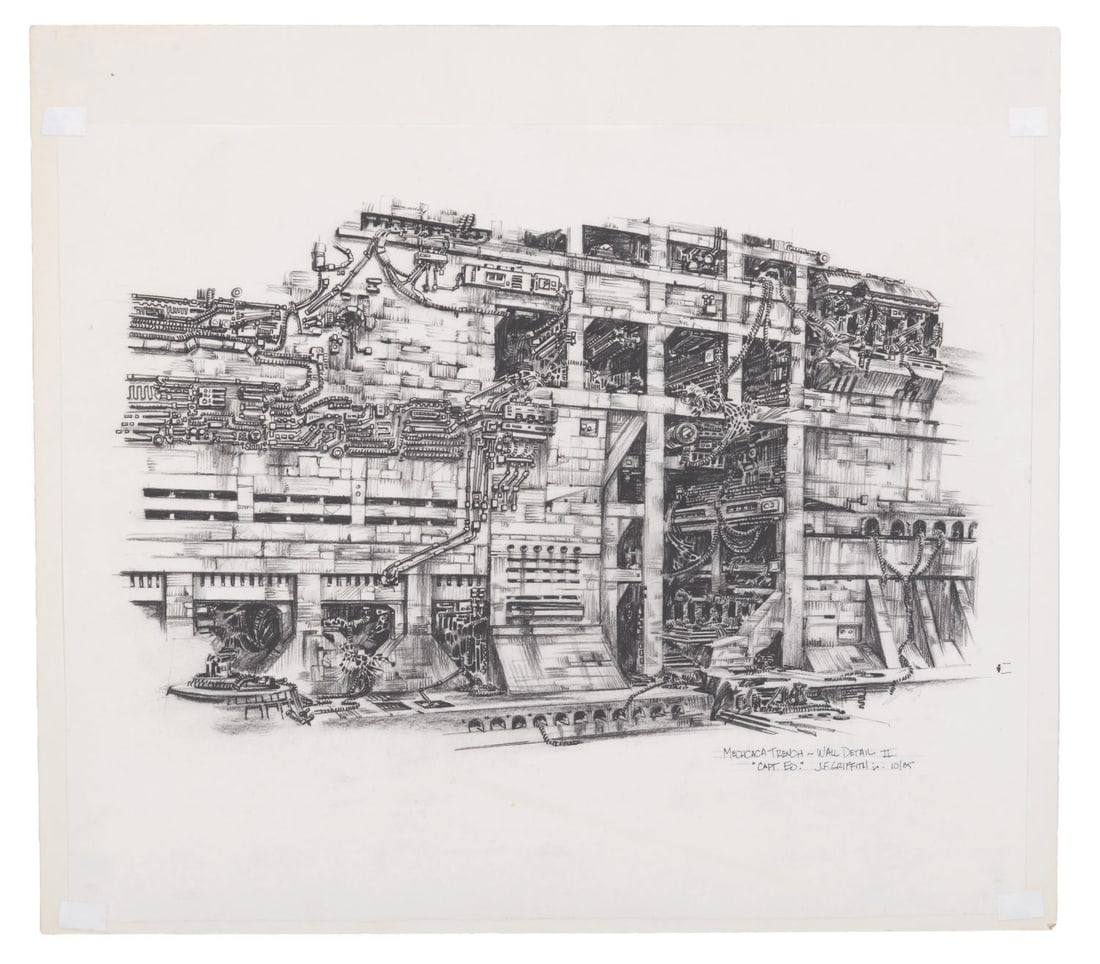 A Captain EO Mechcaca Wall Detail Concept Drawing.: (Disney, 1985) An original concept drawing of the Mechcaca Trench wall in Captain EO. This is the lair of the Supreme Leader, played by Anjelica Huston. The art is accomplished in ink and charcoal pen