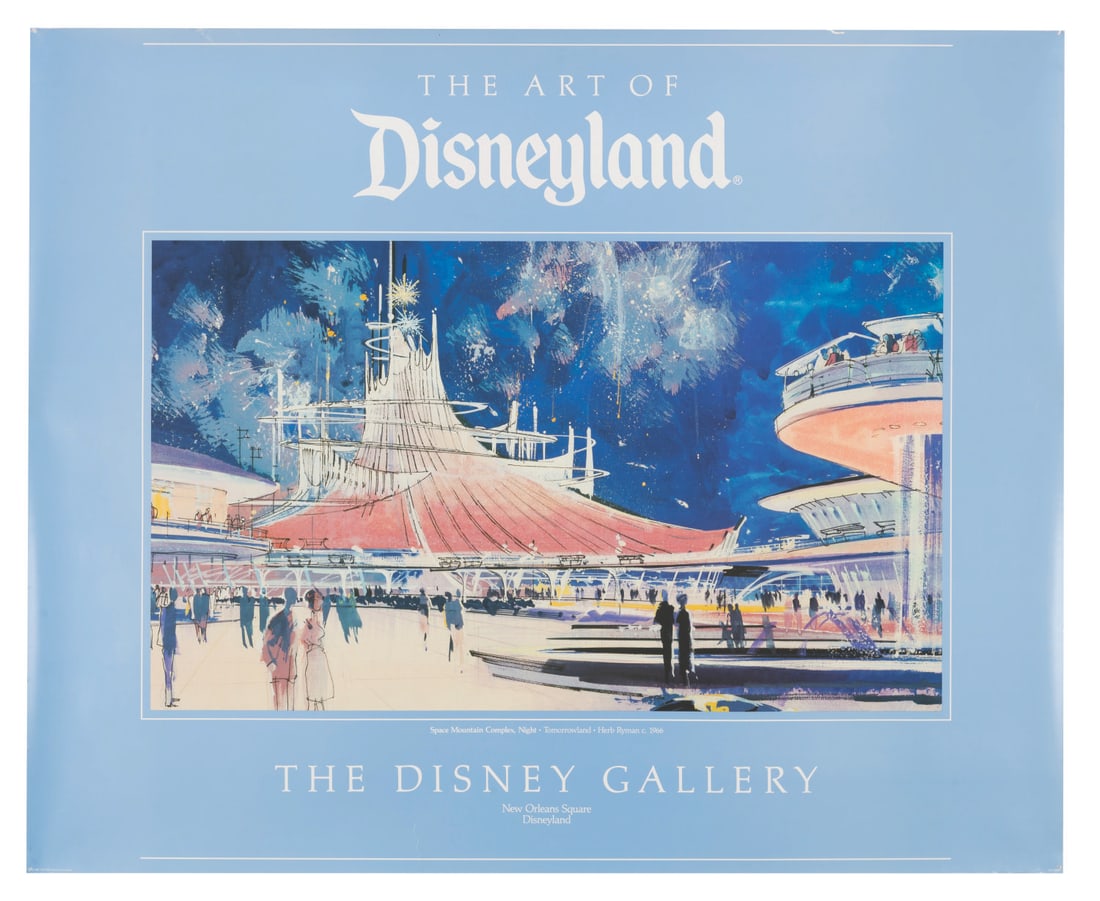 A Disney Gallery Space Mountain Complex Poster.: (Disneyland, 1988) A poster for the inaugural exhibition at The Disney Gallery, featuring Herb Ryman's concept art for the Space Mountain exterior. Measuring 26" x 32", the poster is in good