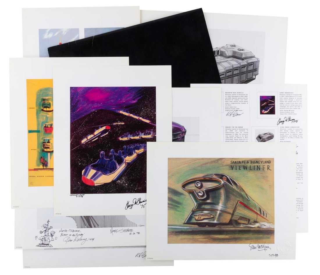 A Tomorrowland 50th "Rapid Transit" Lithograph Set.: (Disneyland, 1998) A collection of eight "Transportation of Tomorrowland" attraction concept art lithographs in a special presentation folder, created for Disneyland's "Rapid Transit" 50-year