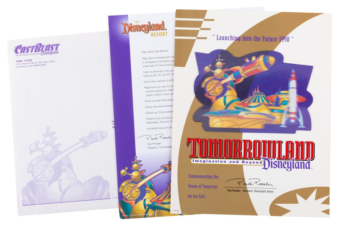 A 1998 Tomorrowland Cast Blast Invitation and Certificate.: (Disneyland, 1998) A lenticular certificate commemorating the opening of New Tomorrowland at Disneyland, with a letter invitation to the Cast-exclusive "Cast Blast" event celebrating the opening.