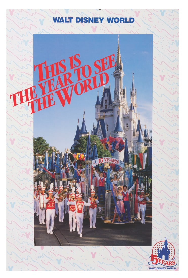 A Walt Disney World 15th Anniversary Travel Poster.: (Walt Disney World, 1986) A poster celebrating Walt Disney World's 15th anniversary in 1986, featuring Cast Members before Cinderella Castle. Measuring 20" x 30", the poster is in good condition with