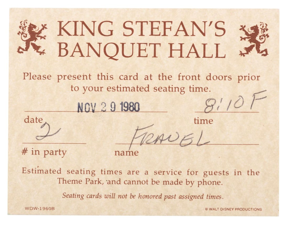 A King Stefan's Banquet Hall Seating Card.: (Walt Disney World, 1980) A seating card from King Stefan's Banquet Hall in Cinderella's Castle, stamped November 29, 1980. Measuring 3.25" x 4.25", the card is in very good used condition, with