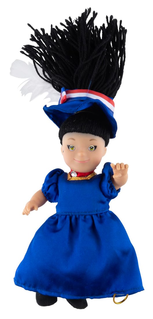 A Walt Disney World It's a Small World French Doll.: (Walt Disney World, 1980s-90s) An It's a Small World French Doll with a blue dress. The doll was made with a sound feature, which no longer functions due to an irreplaceable battery. The doll measures