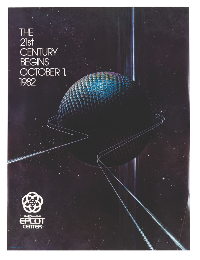 An EPCOT Pre-Opening Poster.: (EPCOT, 1981) A pre-opening EPCOT Center poster featuring Spaceship Earth, heralding the grand opening of the Park on October 1, 1982. Measuring 18" x 24", the poster is in fair condition with