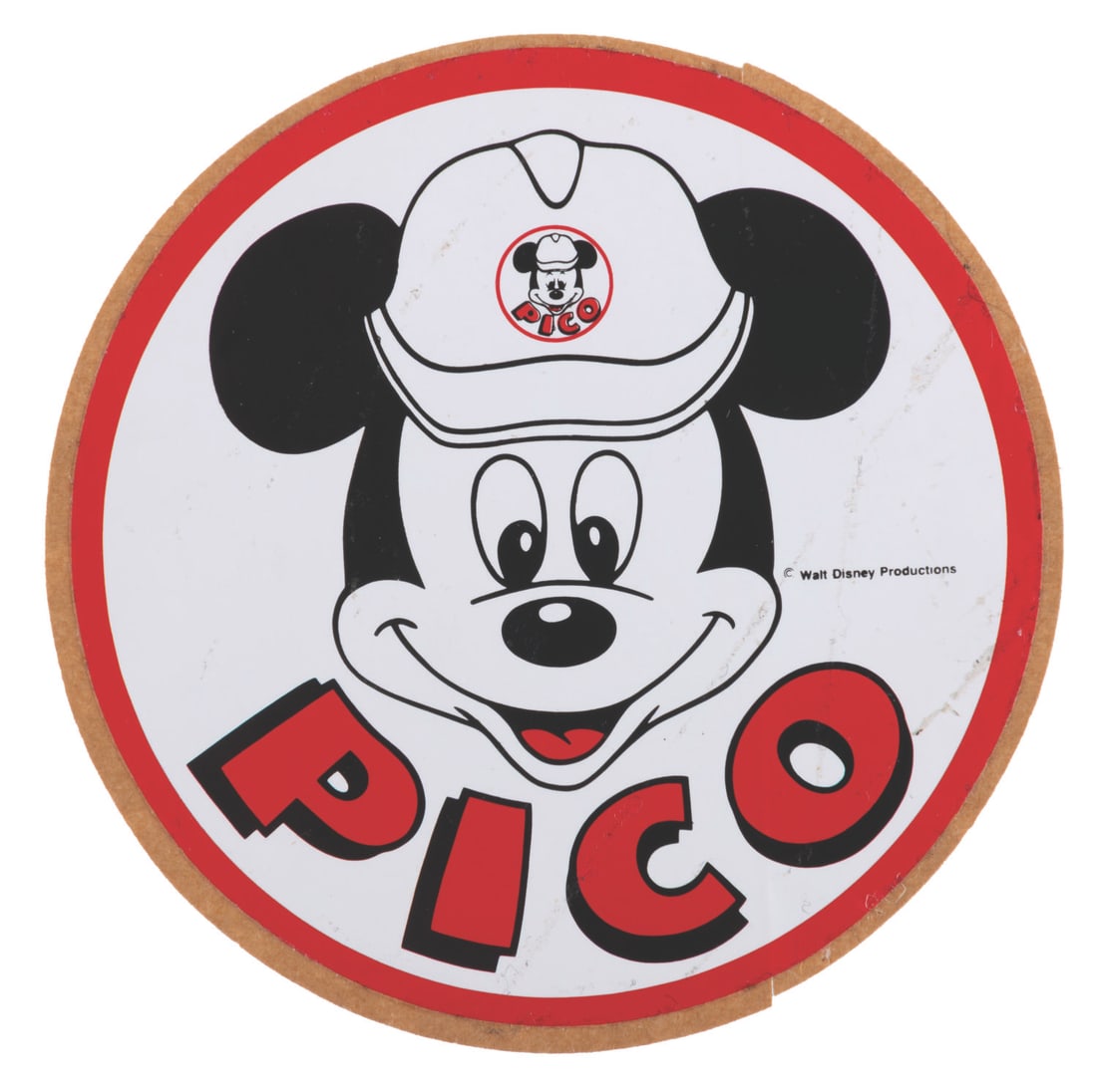 An EPCOT PICO Construction Sticker.: (EPCOT, 1980s) An original sticker from the Project Installation Coordination Office (PICO) created for an EPCOT construction project. Measuring 3.5" in diameter, the sticker displays in good