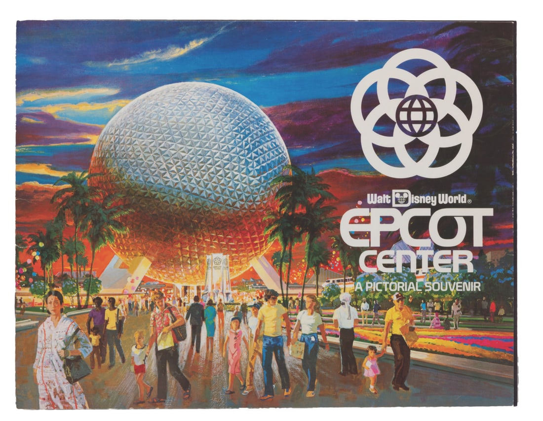 A Pre-Opening EPCOT Center Souvenir Guide.: (EPCOT, 1982) A rare opening year guidebook for EPCOT Center. The 36-page book primarily shows concept artwork with descriptions of the different areas of the Park, while later guides featured