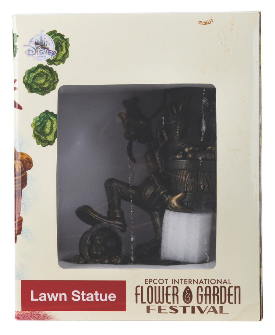 An Epcot International Flower & Garden Festival Goofy Lawn Statue.: (Epcot, 2019) A bronze-colored lawn statue of Goofy holding produce, sold exclusively at the 2019 Epcot Flower & Garden Festival. Measuring 7" x 4.5" x 11" tall, the lawn statue is in fine condition.