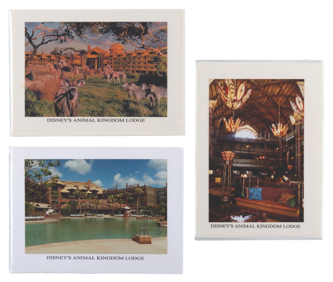 Three Animal Kingdom Lodge Greeting Cards.: (Disney's Animal Kingdom, 2000s) Three greeting cards featuring photos of Disney's Animal Kingdom Lodge. Each measuring 5" x 7", the cards are in fine condition.