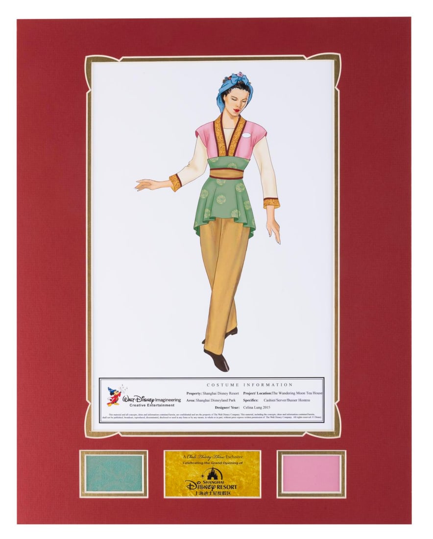 A Club 33 Shanghai Disney Resort Costume Design with Fabric Samples.: (Shanghai Disneyland, 2016) A print of a Cast Member costume design for Shanghai Disneyland's Wandering Moon Tea House, released exclusively to members of Club 33 at the Grand Opening of the Resort.