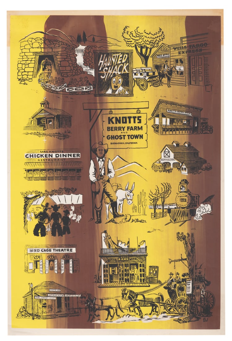 A Knott's Berry Farm and Ghost Town Theme Park Poster.: (Knott's, 1960s) An original, exceptionally rare silkscreened poster for Knott's Berry Farm and Ghost Town. Established as a berry stand in the 1920s, the Knott family expanded their roadside stall