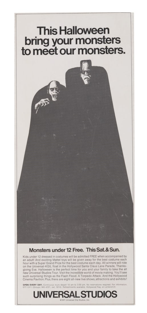A 1971 Universal Studios Tour Ad Sample.: (Universal Studios, 1971) A glossy ad slick for the Universal Studios Halloween promotions in 1971. The text promotes costume contests and prize giveaways for children under 12 at the Park. Measuring 