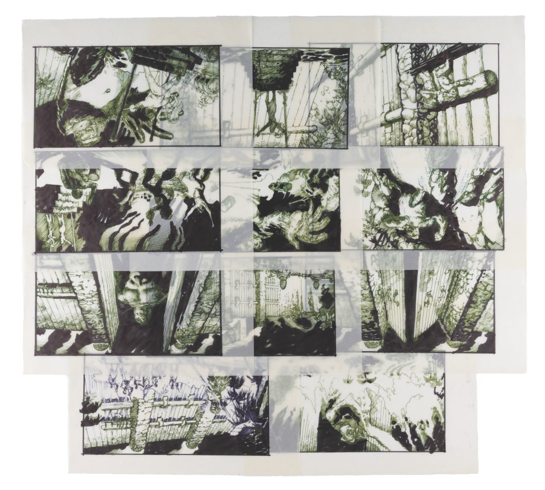A Set of Universal King Kong Encounter Storyboards.: (Universal Studios, 1984) A collection of 11 original storyboard drawings for the King Kong Encounter attraction at Universal Studios Hollywood. While the final attraction was set in New York City, th