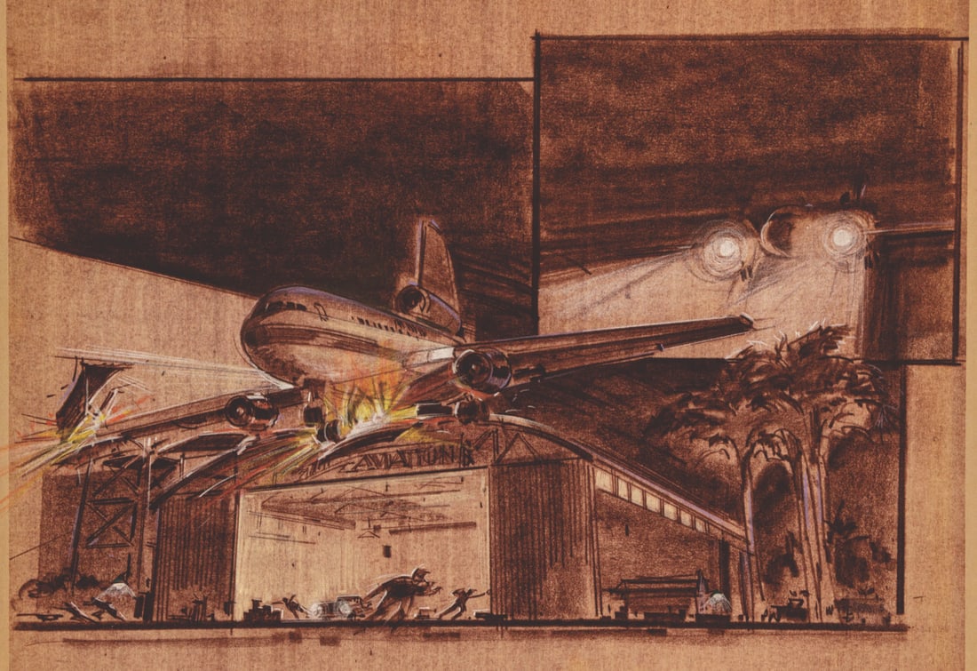 A Universal Studios "Miami Vice" Stunt Show Storyboard.: (Universal Studios Florida, 1988) A storyboard for the "Miami Vice" Dynamite Nights Stunt Spectacular attraction at Universal Studios Florida. This brownline storyboard is attributed to Chuck Cancilie